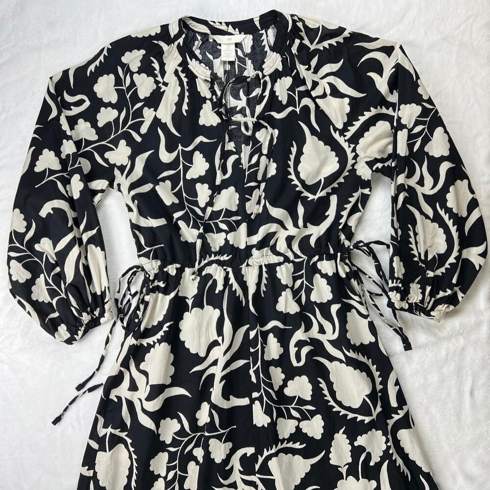 H&M Black White Bold Floral V Neck Cotton Midi Tunic Dress Tie Front Small